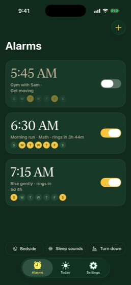The Composure alarm list showing morning alarms with repeat days
