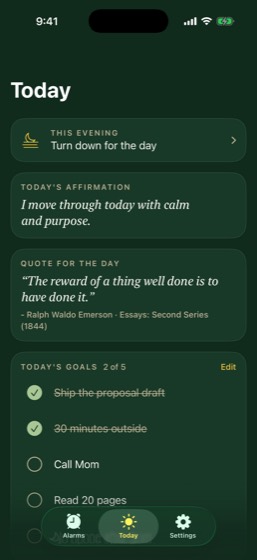 The Today screen with goals, a quote, and last night's intentions